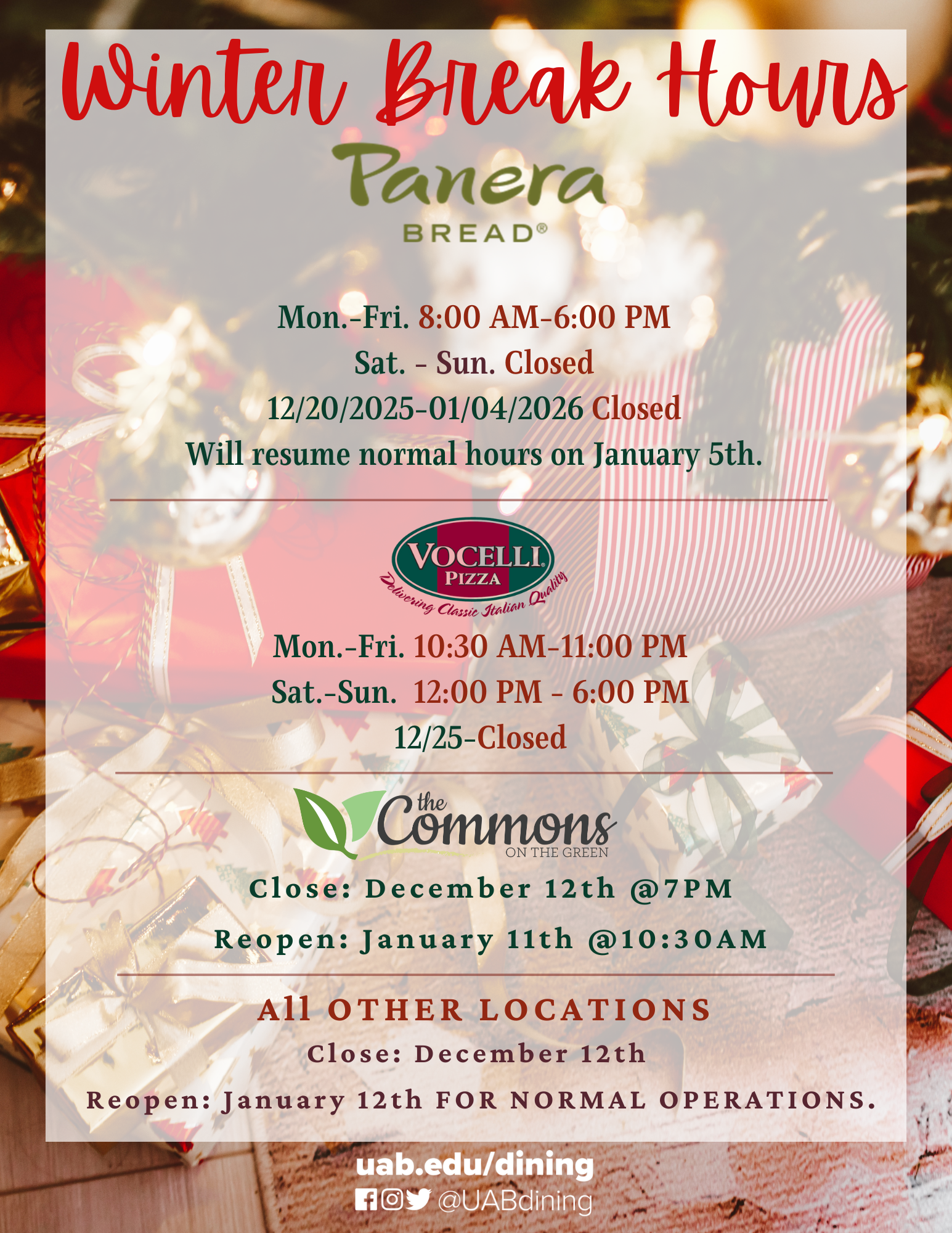 Winter Break Dining Hours